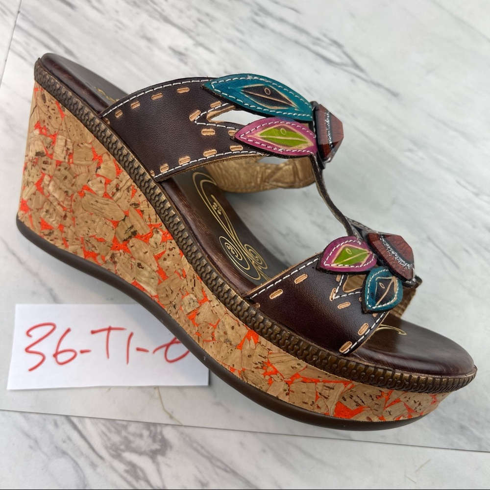 -Spring Step Bonita womans 36/5.5 Artistic Leather  Wedge Sandals 3” heels